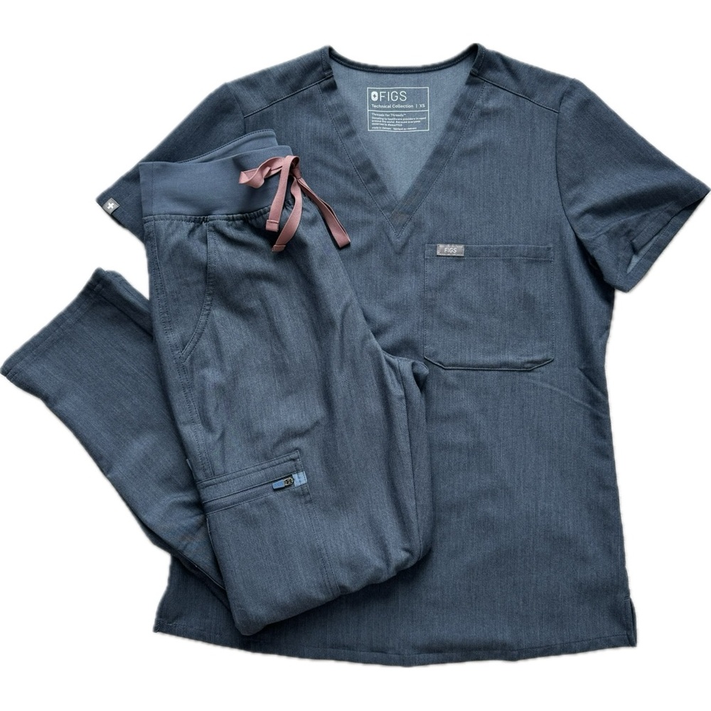 FIGS Scrub Set- Heather Denim - Catarina One Pocket/Yola Skinny High Waisted XSP